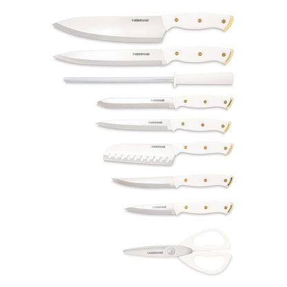 Farberware Juego de 15 cuchillos de triple remachado, cuchillos de cocina de acero inoxidable de alto carbono, juego de cuchillos afilados con bloque de madera, blanco y dorado