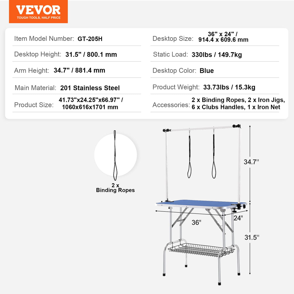 VEVOR Mesa Plegable de Aseo para Mascotas 914,4x609,6 mm Mesa de Aseo para Perros Carga de 149,7 kg Mesa de Peluquería para Perros de Acero Inoxidable con 2 Pinzas 2 Cuerdas Cesta de Almacenamiento