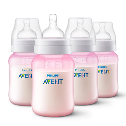 Philips Avent Biberón Anti-colic│con válvula anticólicos│Rosa│9 oz/260 ml│1 m+│4 pzs│SCY121/19