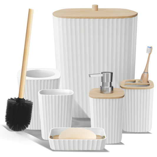Clara Clark - Juego de Accesorios de baño Blanco, Juego de 6 Accesorios de baño, Juegos de baño con Cepillo para Polvo de Inodoro, Bote de Basura y dispensador de jabón