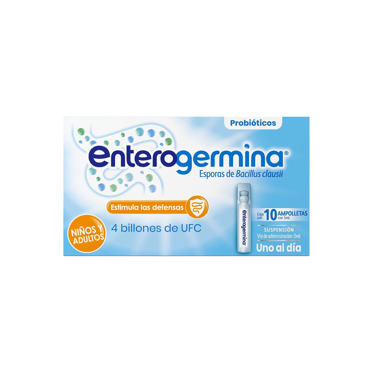 Enterogermina probióticos 4 billones, vial sin refrigeración, 10 amps.