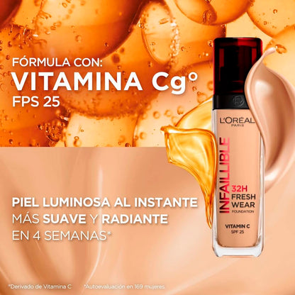 L´Oréal Paris base de maquillaje líquida de alta cobertura, Infallible 32h Freshwear Tono 100, 30ml
