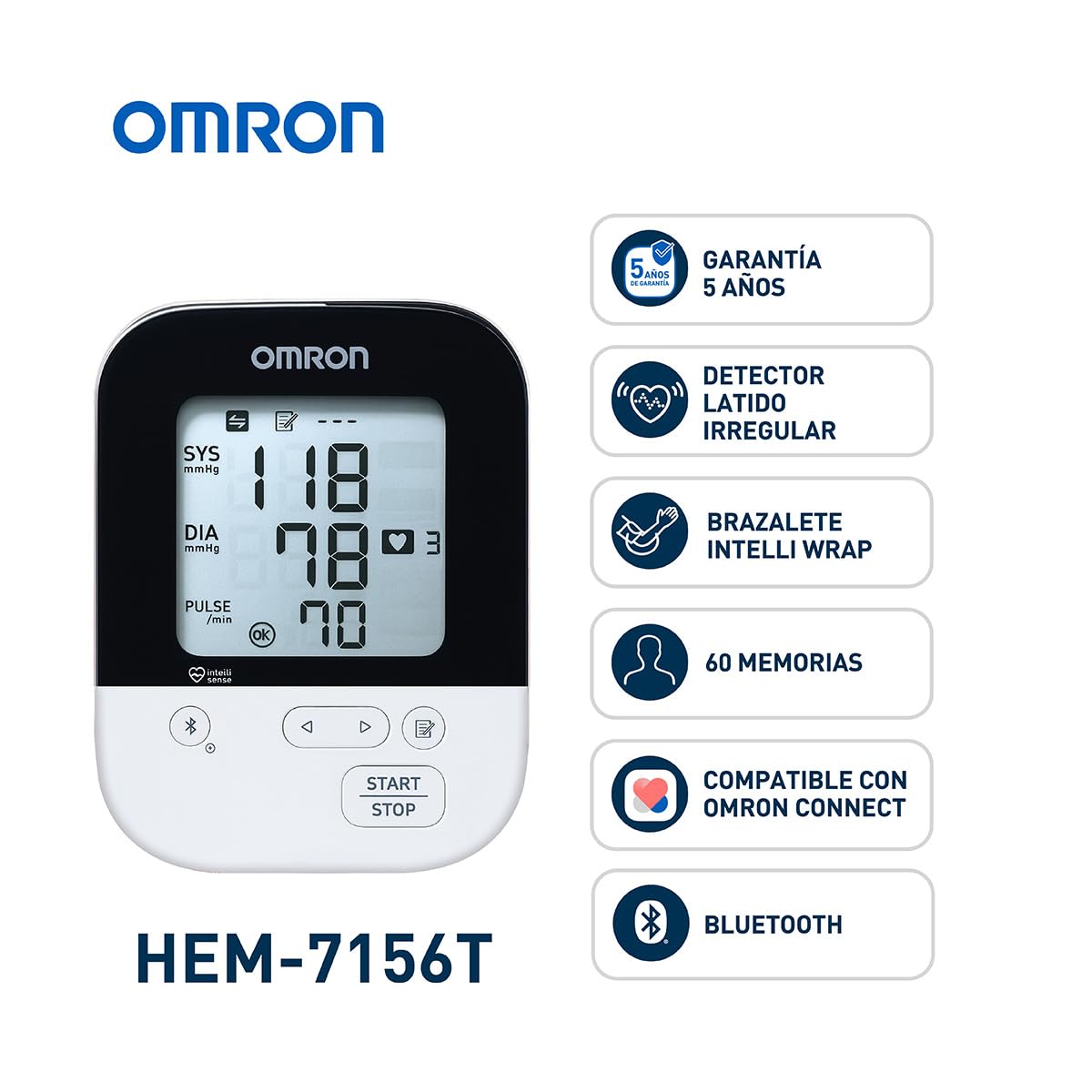 OMRON Baumanómetro digital de brazo 7156T con Bluetooth y brazalete Intelli Wrap
