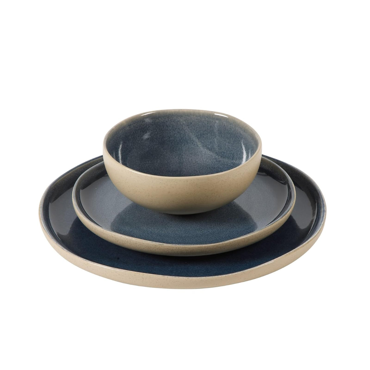 Gibson Elite Manila Bay - Juego de vajilla de gres de 12 piezas, servicio para 4, platos artesanales modernos de esmalte reactivo, cuencos y tazas, azul, diseño redondo