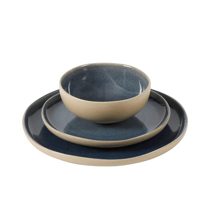 Gibson Elite Manila Bay - Juego de vajilla de gres de 12 piezas, servicio para 4, platos artesanales modernos de esmalte reactivo, cuencos y tazas, azul, diseño redondo