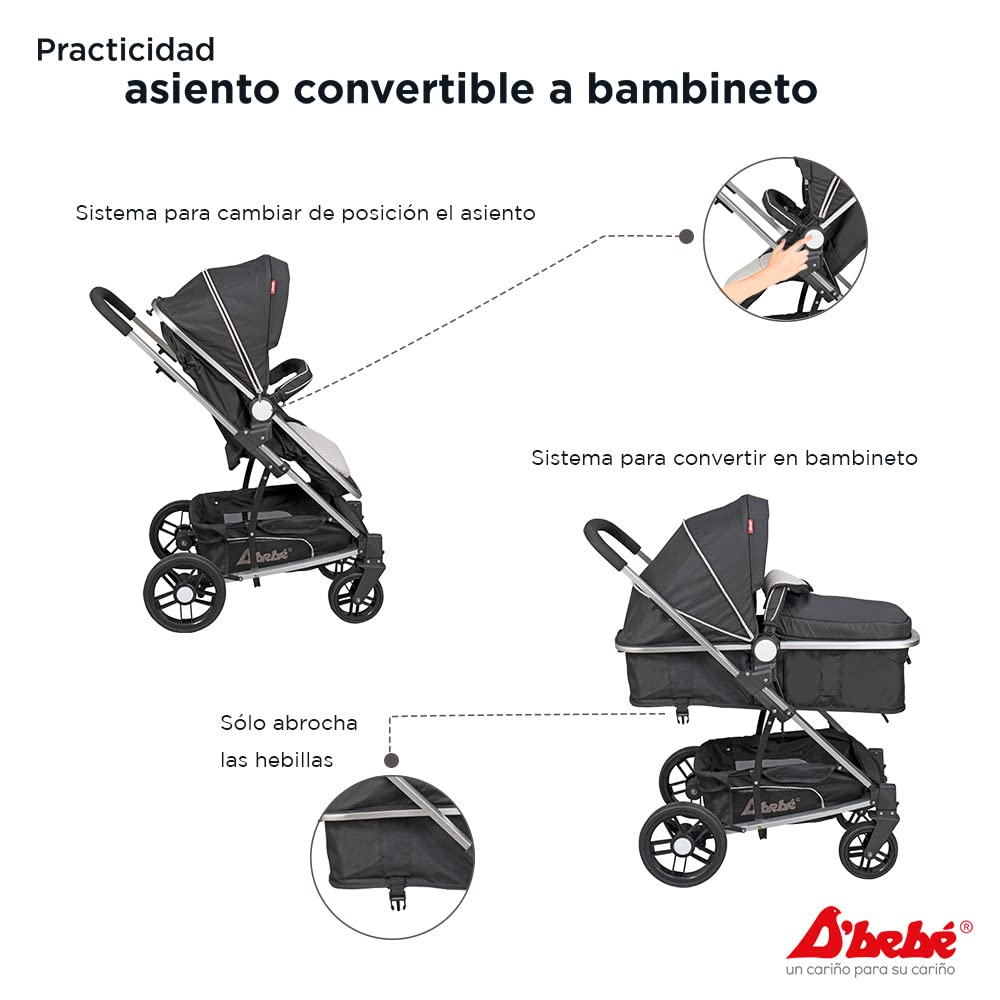 D´BEBÉ - Carriola Travel System Crown - Carriola Multifuncional - Ideal para Bebés Recién Nacidos y hasta los 4 años - Incluye Bambinieto y Autoasiento - Color Negro