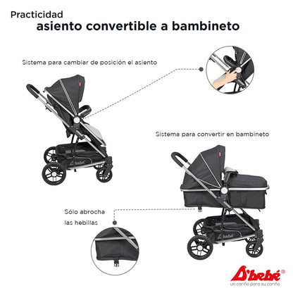 D´BEBÉ - Carriola Travel System Crown - Carriola Multifuncional - Ideal para Bebés Recién Nacidos y hasta los 4 años - Incluye Bambinieto y Autoasiento - Color Negro