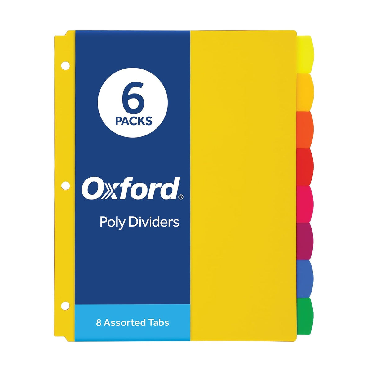 Oxford - Divisores de plástico para carpeta de 3 anillos, divisor de carpeta de plástico duradero, 8 pestañas, pestañas multicolor, 3 agujeros perforados, tamaño carta, 6 juegos (89601)