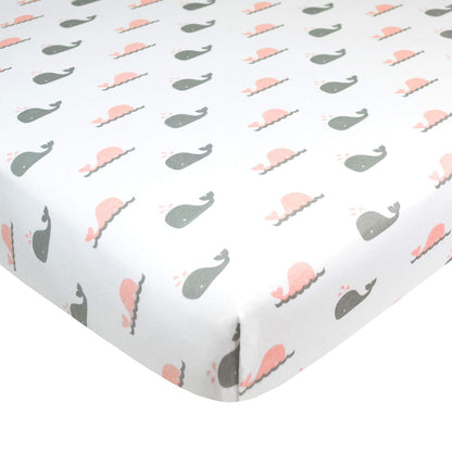 American Baby Company - Sábana bajera ajustable de punto de algodón 100% natural estampada, portátil o minicuna, con diseño de ballena rosa o zigzag