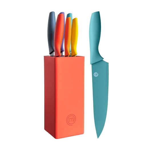 MasterChef - Juego de 6 cuchillos de cocina, cuchillas de acero inoxidable extra afiladas para corte profesional con revestimiento antiadherente y asas suaves al tacto de fácil agarre en un bloque