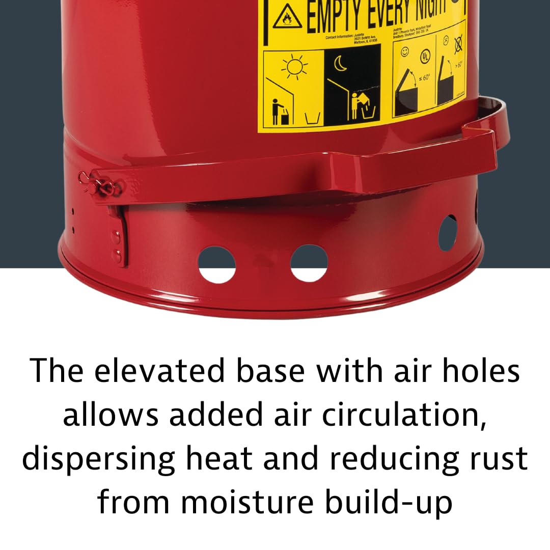 Justrite 09100; Galvanized-steel; Safety cans; For Oily waste; Red; Foot Operated cover; Raised, ventilated Bottom; Reinforced ribs; Self-closing; UL listed; FM approved; Capacity: 6 gal. (23L)