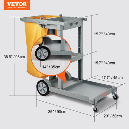 VEVOR - Carrito de Limpieza Comercial, 3 estantes, Carro de Limpieza de plástico de 200 Libras, con Bolsa de PVC de 25 galones, 47 x 20 x 38.5 Pulgadas, Amarillo + Gris