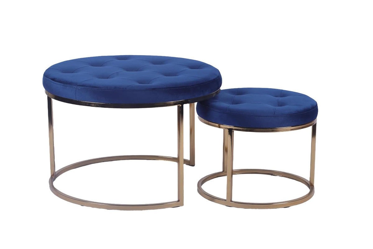 Sochic Set de Taburetes Redondos Tapizados en Terciopelo Azul con Base de Hierro y Patas de Metal Galvanizado