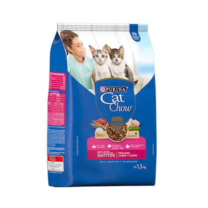 Purina Cat Chow Gatitos 1 a 12 Meses 1.5 Kg, 1 Count + Cat Chow Defense Plus Alimento seco para Gatitos Sabor Pescado, Carne y Leche, Bulto de 500g