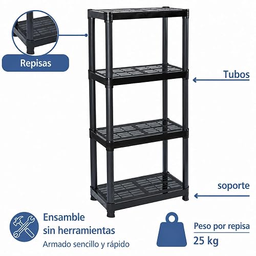 Italhome Rack de Plástico 4 Niveles, Estante Organizador Multiusos para Cocina, Garaje u Oficina, Resistente hasta 100 kg, Ahorro de Espacio, Color Negro