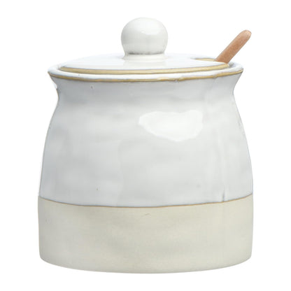 Creative Co-Op - Azucarero de gres con tapa y cuchara de madera, esmalte blanco