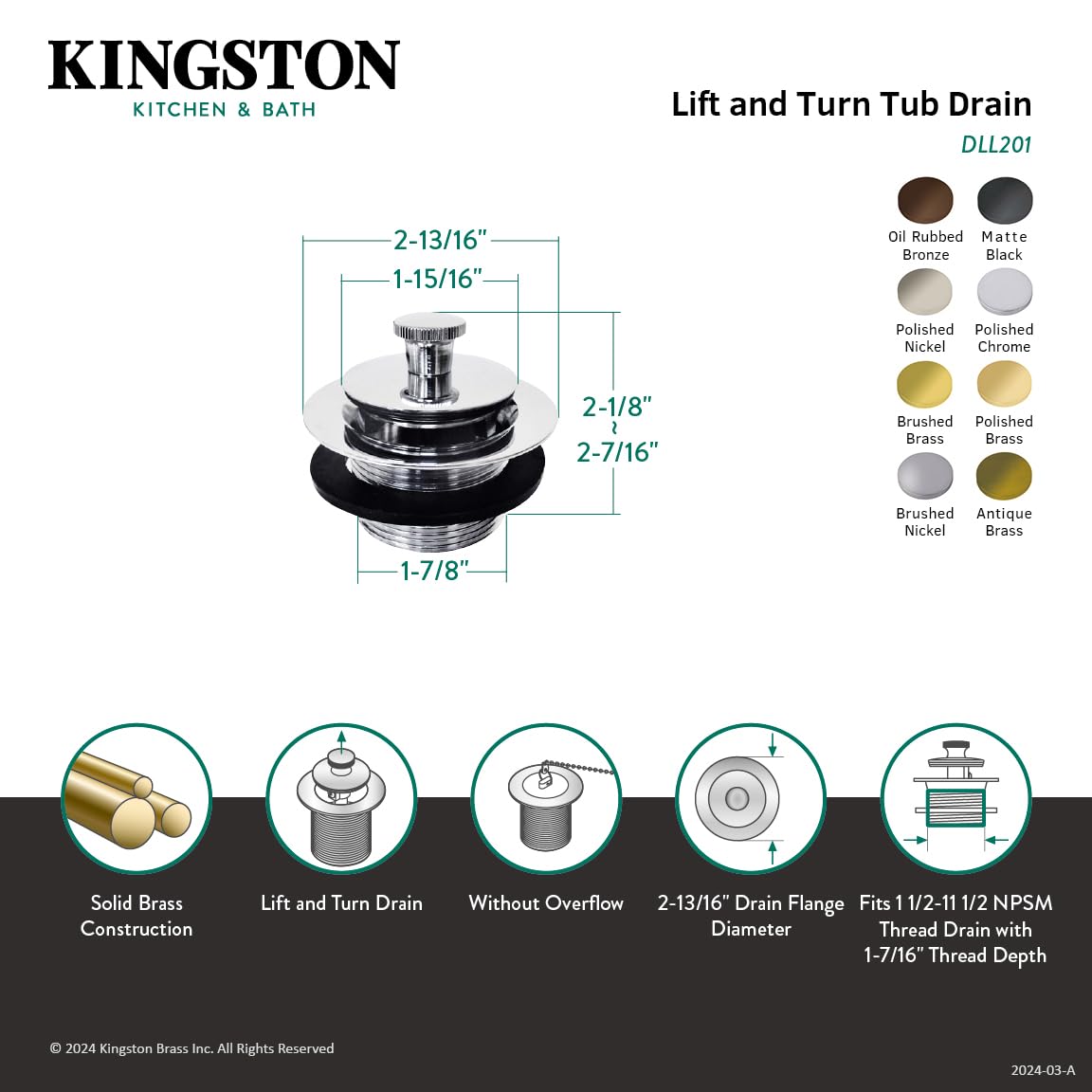 Kingston Brass DLL205 - Drenaje de tina hecho para combinar con elevación y bloqueo, bronce aceitado