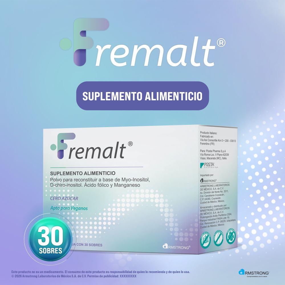 Fremalt Polvo Suplemento Alimenticio en Polvo a Base de Myo-inositol y Acido F?lico, Con 30 Sobres de 2.5 Gr, Para Restaurar las Alteraciones Metab?licas y Reproductivas, Apto para Pacientes