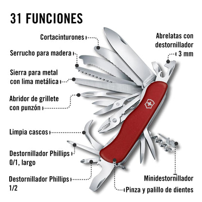 Victorinox Work Champ, Color Rojo, 111 mm, 31 Usos | Cuchillo de bolsillo grande con sierra para madera, sierra para metales, pinza y tijeras para acampar y bricolaje, 111 mm