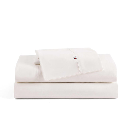 Tommy Hilfiger - Juego de sábanas, Ropa de Cama de percal de algodón Lavado con Fundas de Almohada a Juego, crujiente y Fresco, básico sólido para el hogar (Marfil, Queen)