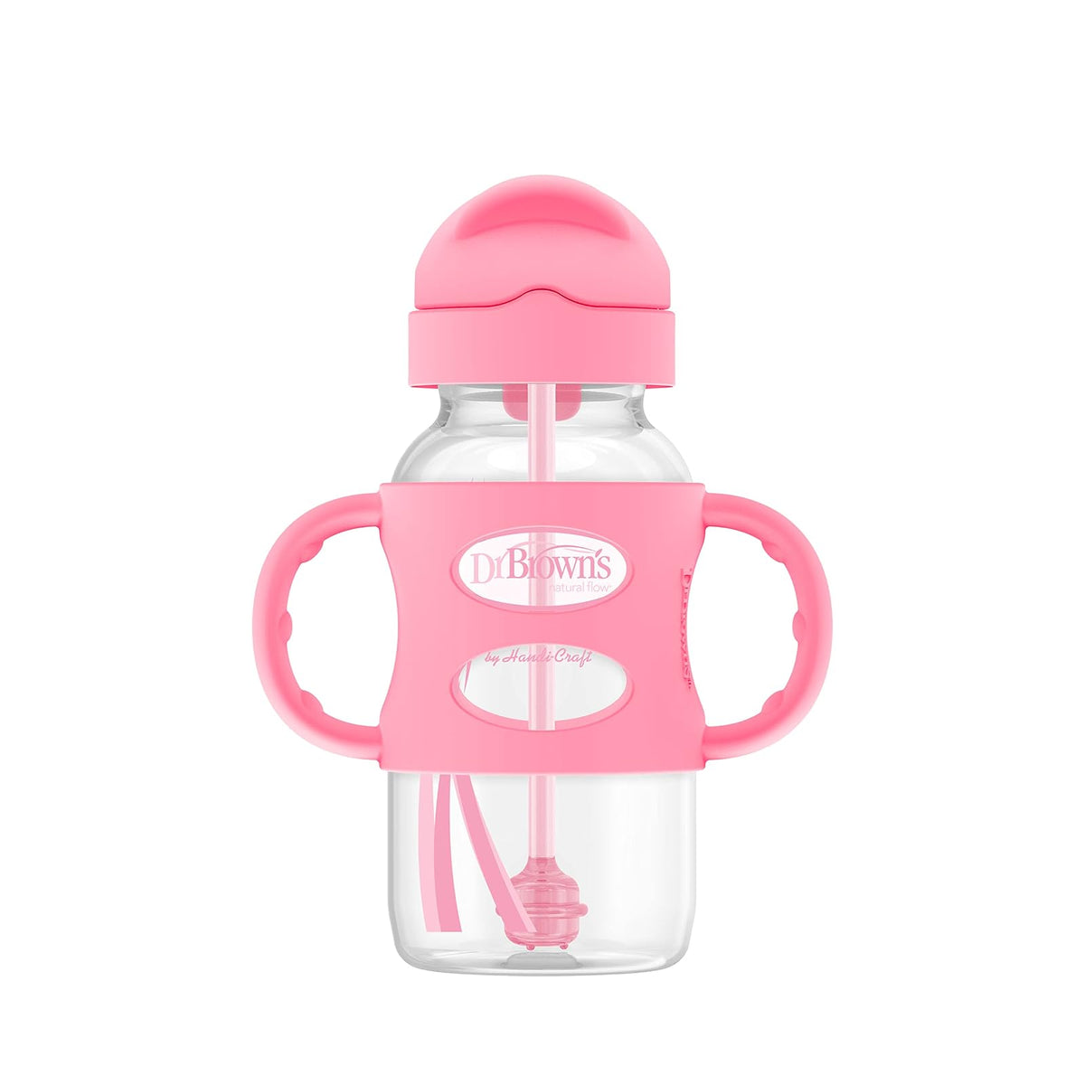 Dr. Brown's Milestones Botella de Paja Cuello Ancho, Asas de Silicona, 9 oz, Paquete de 2 - Rosado