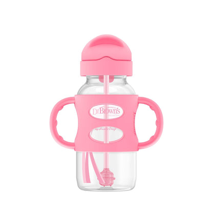 Dr. Brown's Milestones Botella de Paja Cuello Ancho, Asas de Silicona, 9 oz, Paquete de 2 - Rosado