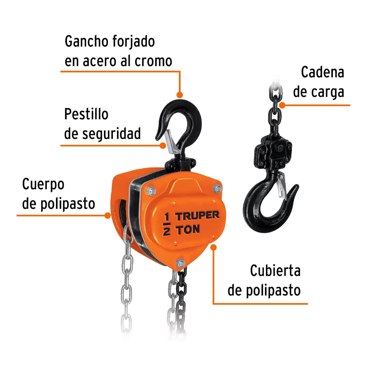 Truper POL-1/2, Polipasto de 1/2 ton, ganchos forjados en acero al cromo con giro de 360°