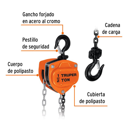 Truper POL-1/2, Polipasto de 1/2 ton, ganchos forjados en acero al cromo con giro de 360°