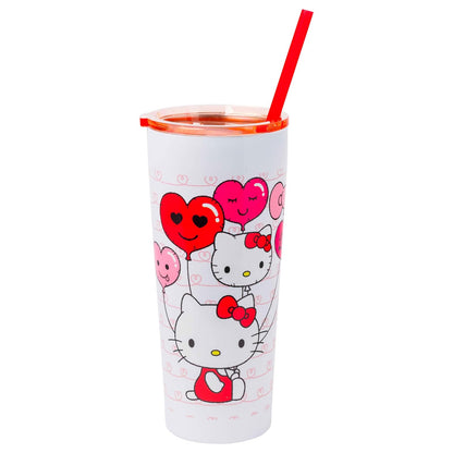 Silver Buffalo Hello Kitty - Globos de corazón de doble pared de acero inoxidable con popote, 22 onzas