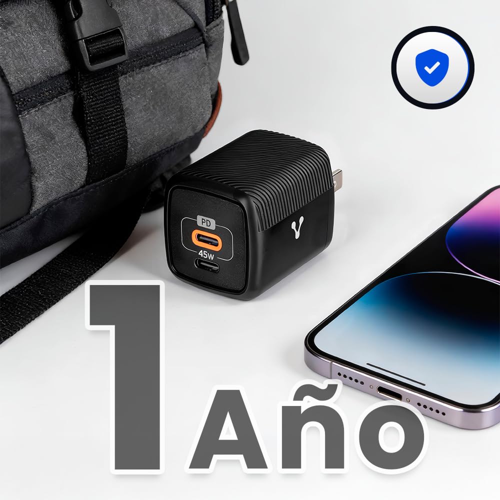 Vorago Cargador de Pared USB-C 45W GAN PD 2 Puertos Carga Rápida AU-402-BK Compacto