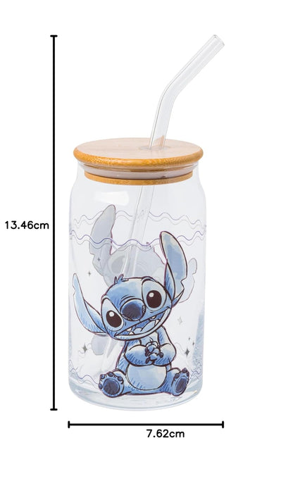 Silver Buffalo Disney Lilo and Stitch - Vaso de vidrio sentado con tapa de bambú y popote de vidrio, 16 onzas