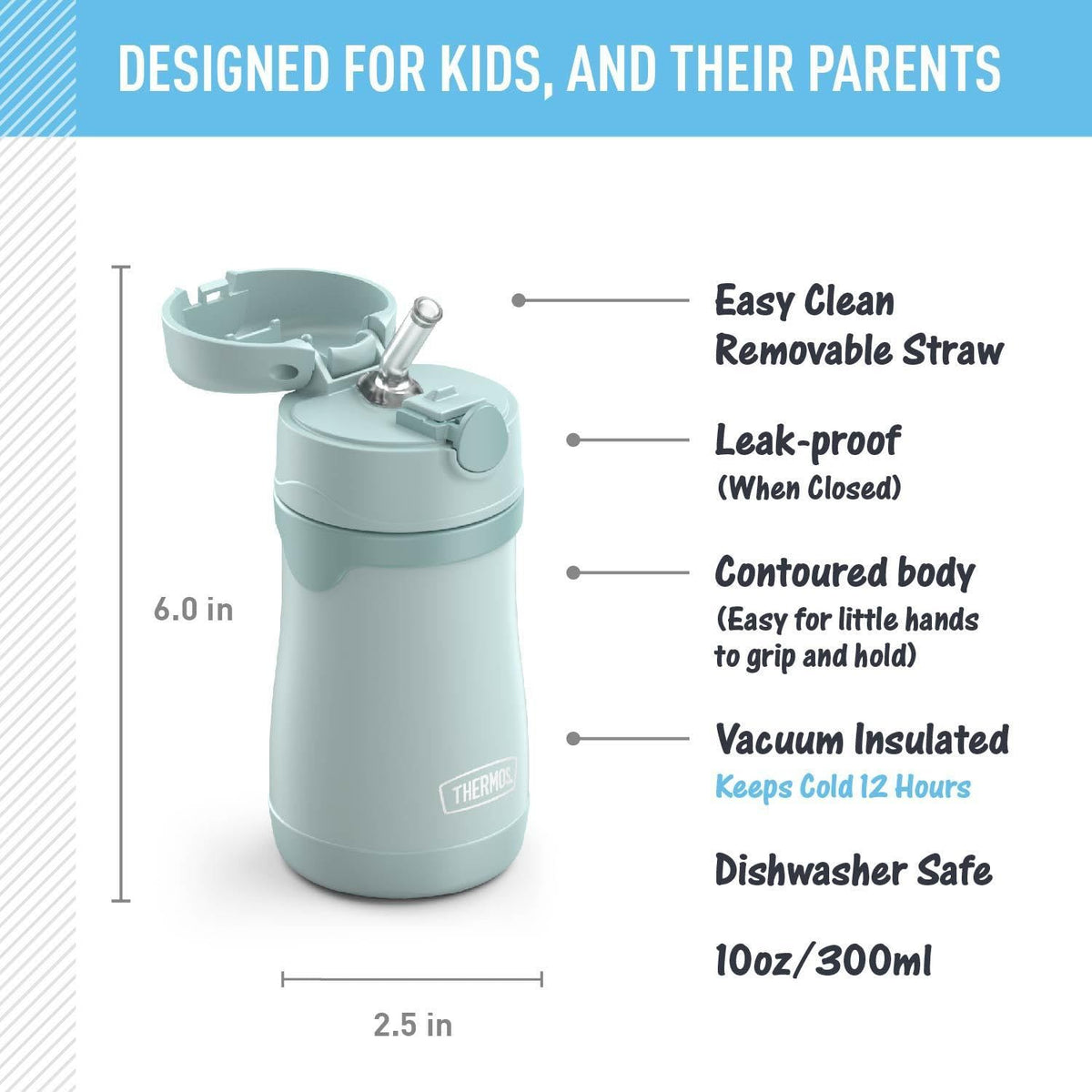 THERMOS BABY - Botella de acero inoxidable aislada al aspiradora, 10 onzas, color menta