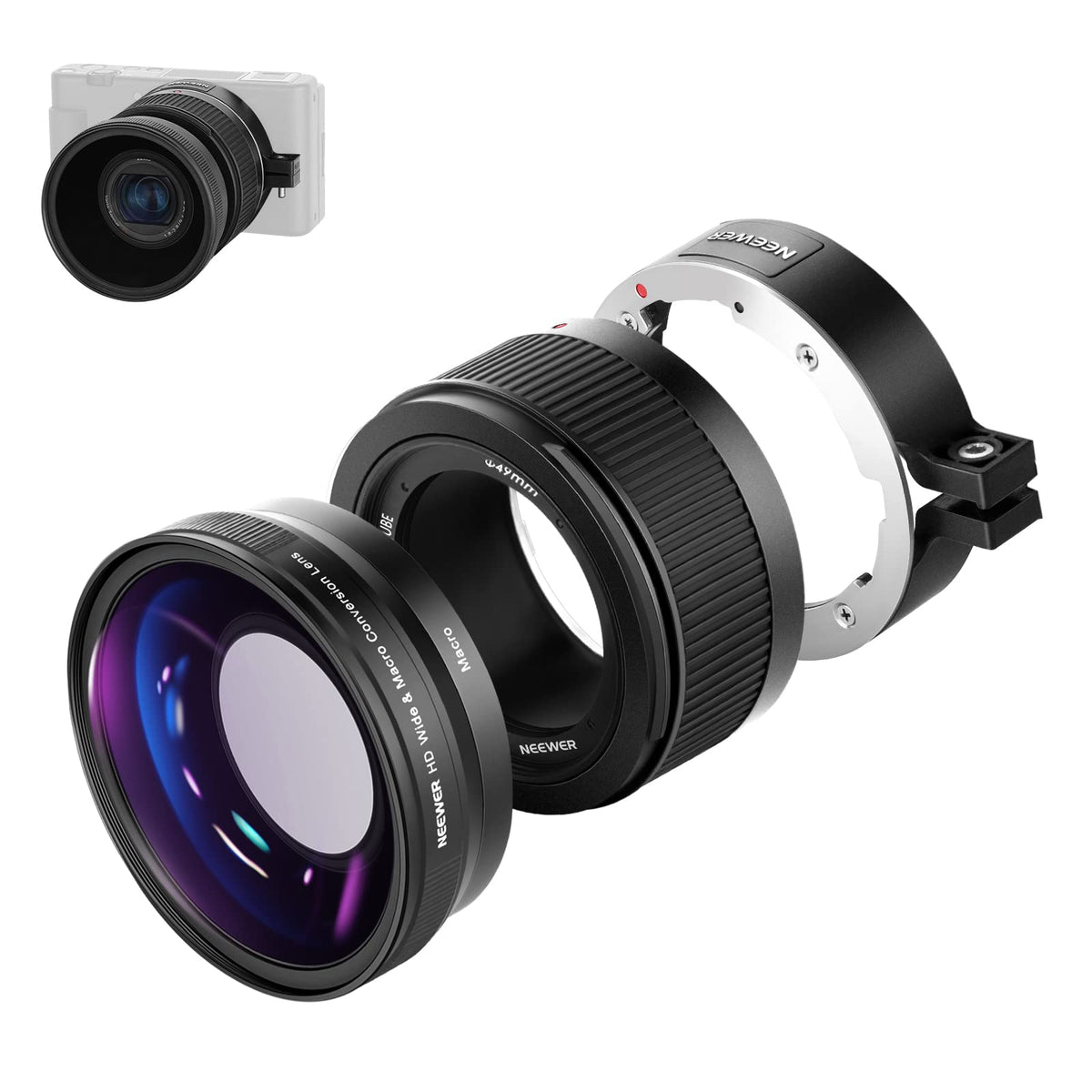 NEEWER Lente Gran Angular para Sony ZV1 Cámara, 2 in 1, Negro Frame | 18mm HD Wide Angle & 10x Macro Additional Lente, con Extension Tube, Bayonet Montura Lente Adaptador, Paño de Limpieza
