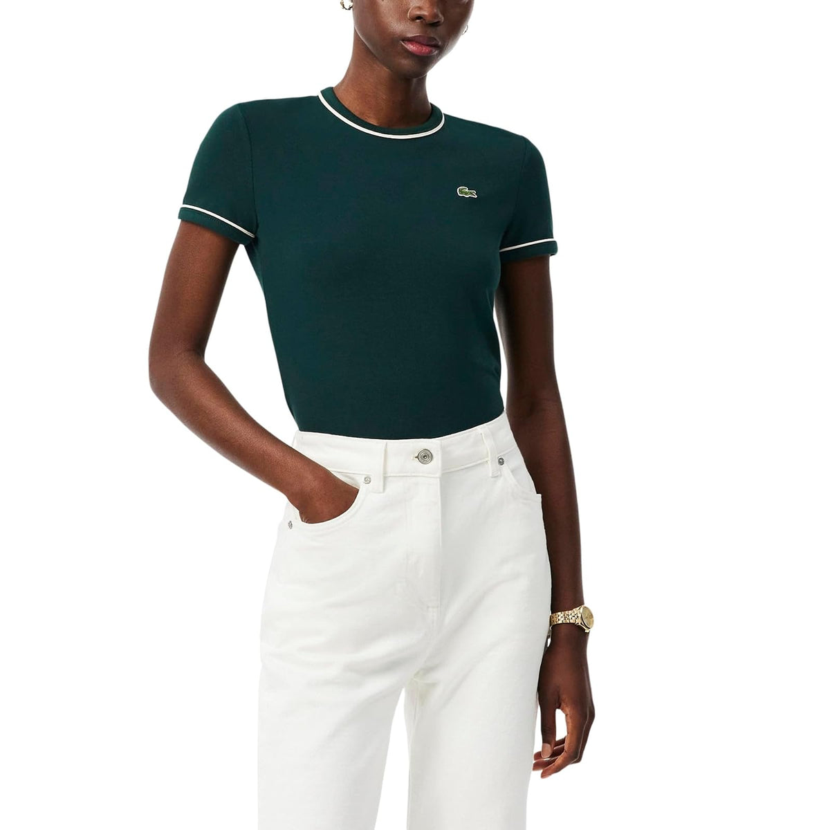 Lacoste Playera Ribete Corte Entallado Mujer - XS - Verde Oscuro