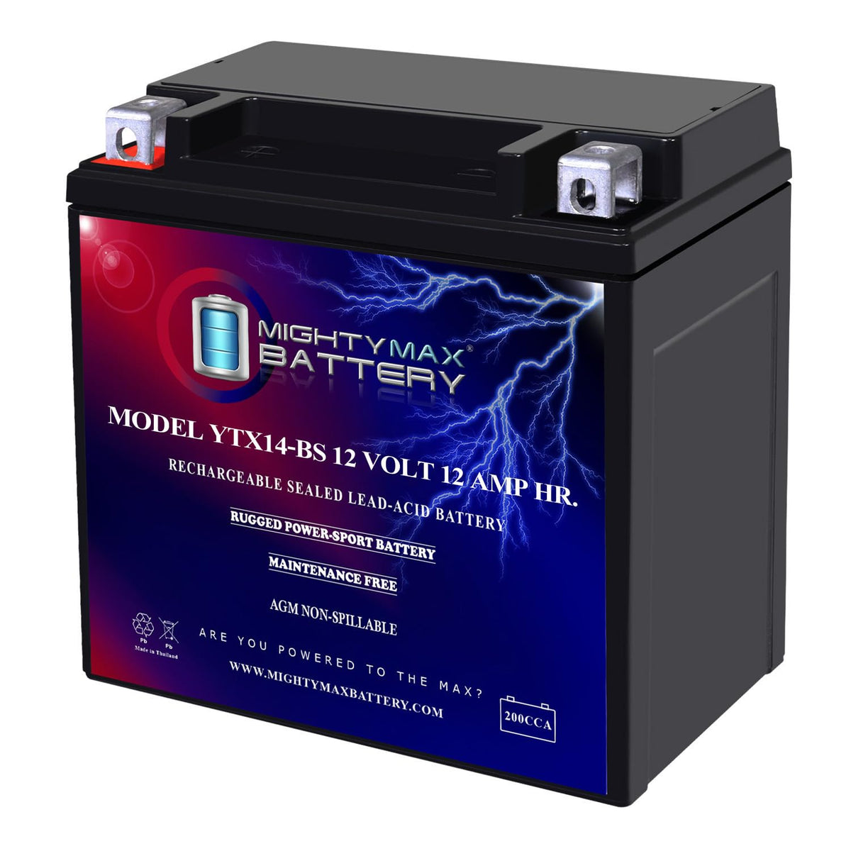 Mighty Max Battery YTX14-BS - 12 voltios 12 AH, 200 CCA, batería recargable sin mantenimiento SLA AGM para motocicleta