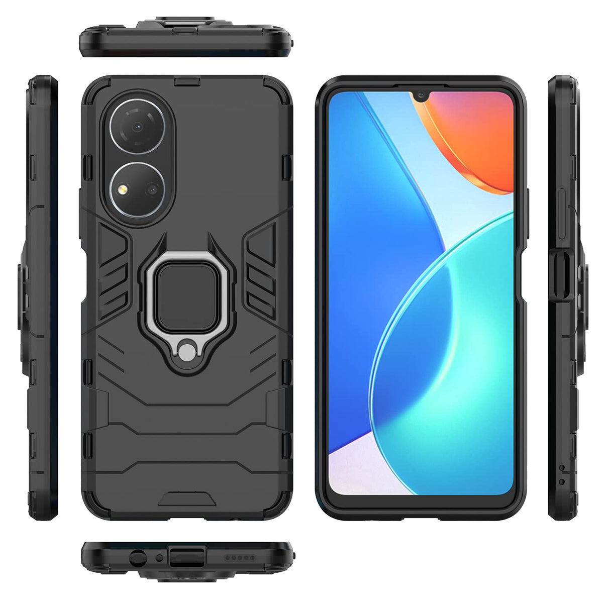 BestAlice Funda para Honor X7 Case + Protector de Pantalla de Cristal Templado + Lens Mica + Cordón para el Cuello, Rudo Uso Híbrida Armor Protección Carcasa, Negro