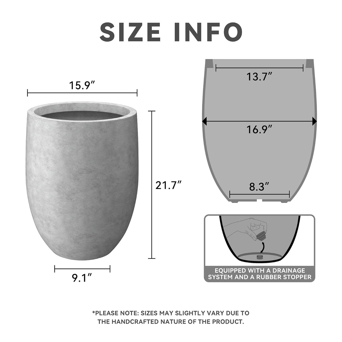 Kante - Maceta alta de hormigón natural de 21.7 pulgadas de alto, maceta decorativa grande para interiores con orificio de drenaje y tapón de goma, estilo redondo moderno para el hogar y el jardín (el color puede variar)