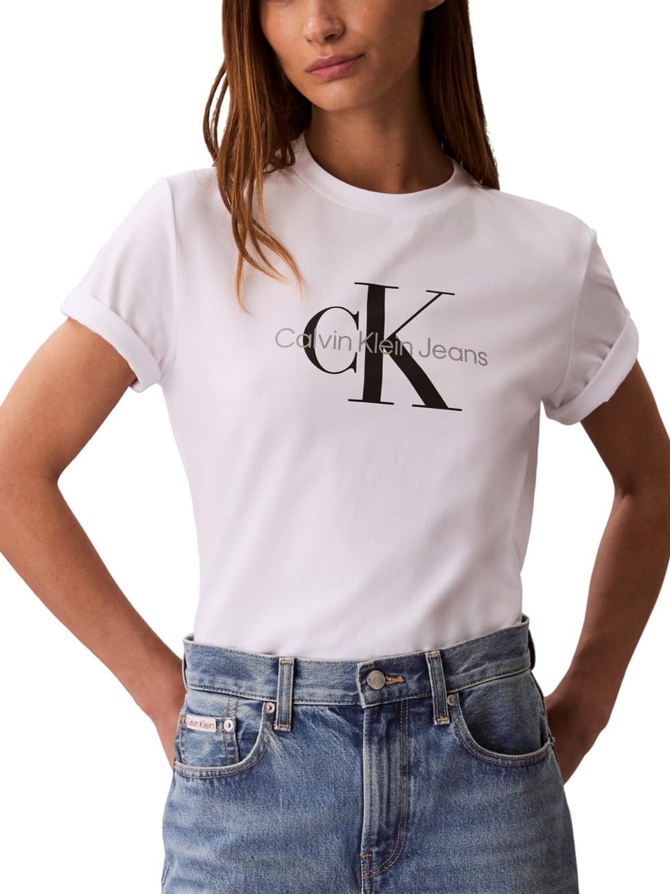 Calvin Klein Playera Logo Monograma Mujer - XS - Blanco (Brilliant White)