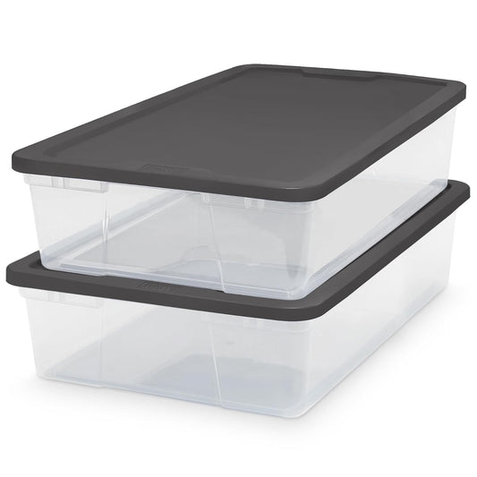 HOMZ - Paquete de 2 cubos organizadores de almacenamiento de plástico transparente pequeños con tapas, 28 cuartos de galón, gris, cajas apilables para recámara, baño, cochera y organización de oficina