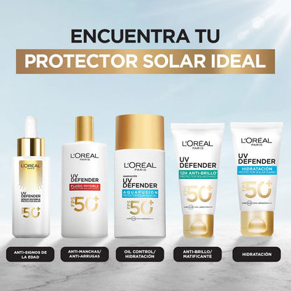 L'Oréal Paris Protector solar facial FPS50+ UV Defender Fluido Invisible Tono Claro, 40ml - Protección solar facial ultra ligero, -50% manchas y -30% arrugas debidas al sol, con Ácido Hialurónico