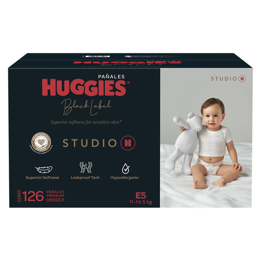 Huggies Black Label Studio H Etapa 5, 126 Pañales Premium Unisex Hipoalergénicos (11-14.5 kg)