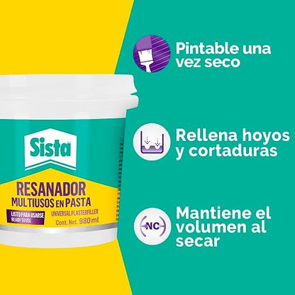 Sista Resanador Multiusos, pasta suave para resanar, sellador de grietas, hoyos, techos y plafones, no se agrieta ni pierde volumen, resanador de paredes blanco, 1x980ml