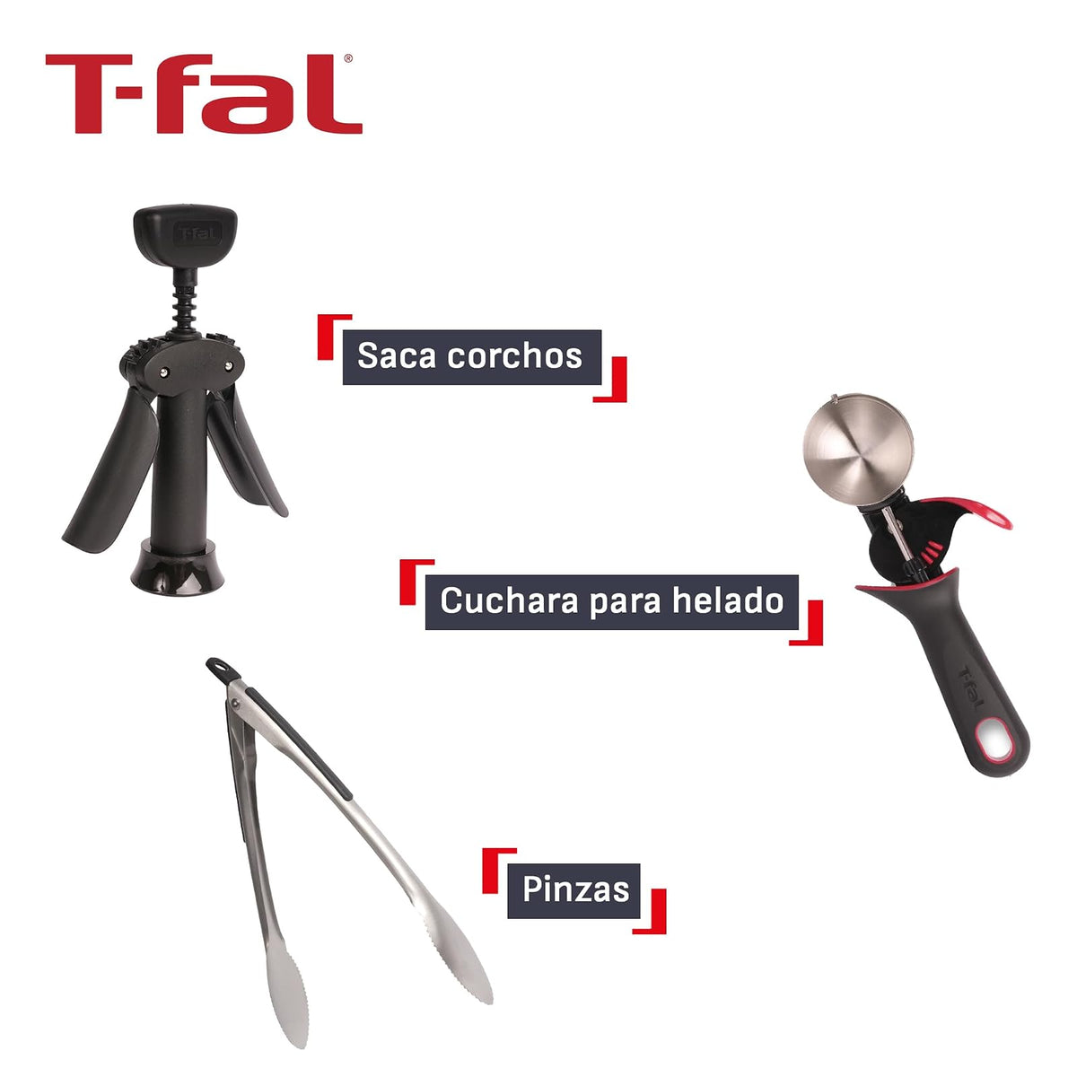 T-fal Set de Utensilios para cocina Esencial de Gadgets, 3 en 1, Inluye Pinzas Auxiliares + Sacacorchos + Cuchara para Helado, K1130484M