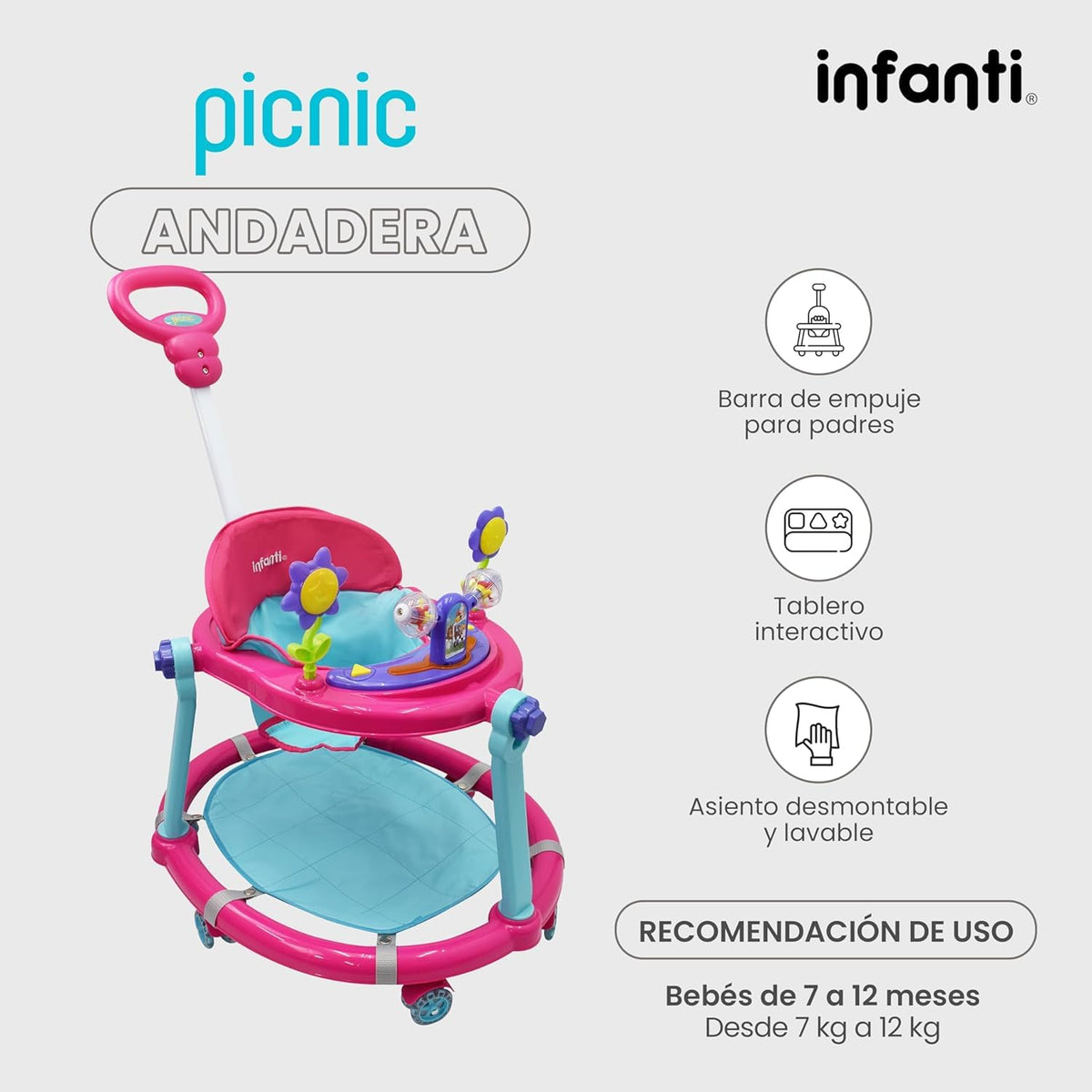 Infanti - Andadera para Bebe 3 en 1 PICNIC - Con Paseador y Juguetero Musical - Barra de Empuje - Color Rosa