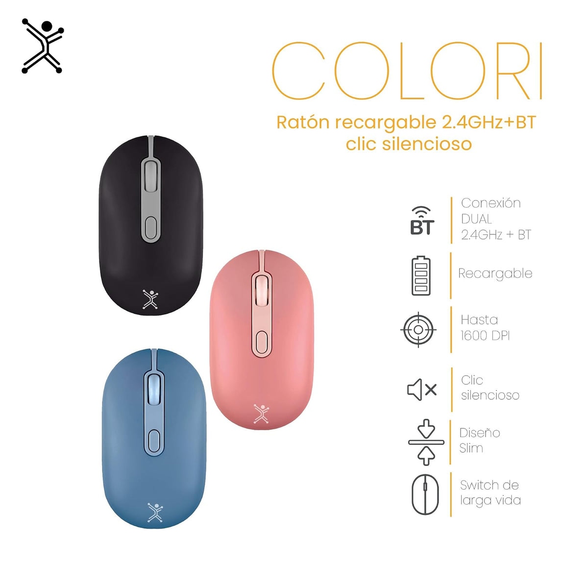 PERFECTCHOICE Mouse Recargable 2.4GHz Bluetooth Clic Silencioso Colori (Azul)