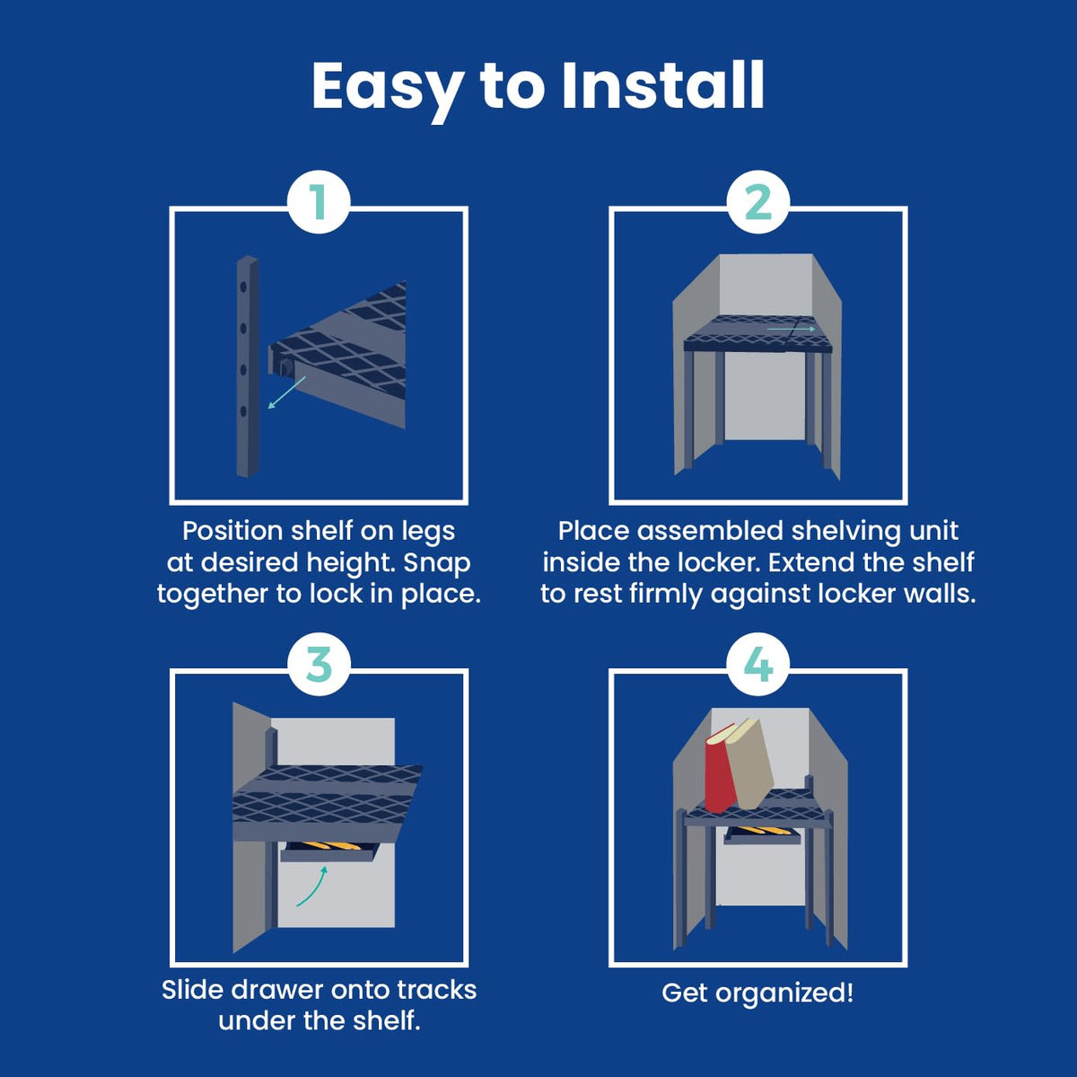 LockerMate - Estante y Organizador de clóset Ajustable para Adaptarse a tu casillero, fácil de Usar, Perfecto para la Escuela, Trabajo, Gimnasio, Incluye cajón de Almacenamiento, Azul
