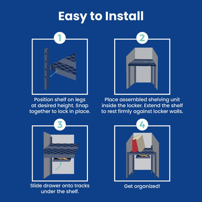 LockerMate - Estante y Organizador de clóset Ajustable para Adaptarse a tu casillero, fácil de Usar, Perfecto para la Escuela, Trabajo, Gimnasio, Incluye cajón de Almacenamiento, Azul