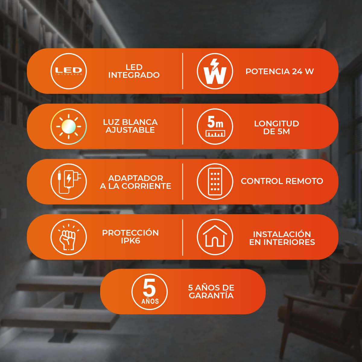Tecnolite - Tira LED 5 Metros de Longitud 24 W, Luz Blanca Ajustable, Control Remoto Incluido, Interiores, Atenuable