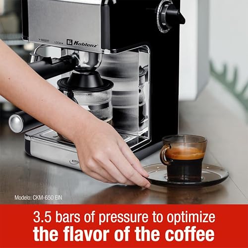 Koblenz Cafetera Espresso y Cappuccino, 4 Tazas, 3.5 Bares de Presión, Potencia de 800 W, Sistema de Espuma para Café Cappuccino, Color Negro con Acero Inoxidable, CKM-650 EIN, 00-0603-00-1