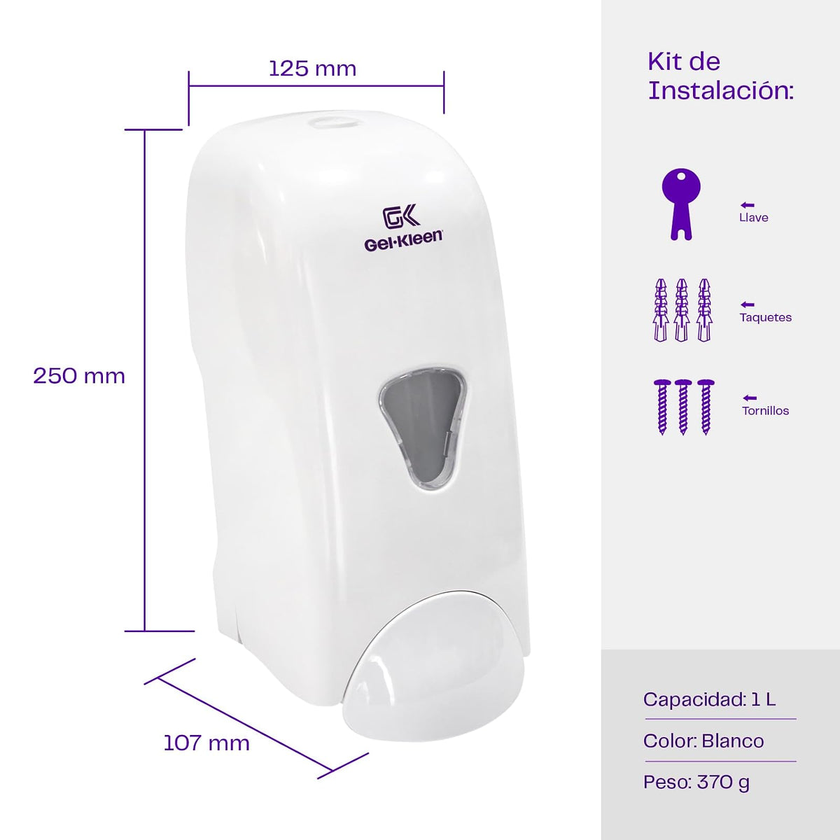 Gel Kleen Jabonera Espuma Rellenable Pared 1000 ml - Despachador Universal de Plástico ABS para Jabón o Sanitizante en Espuma, Dosificador para Baño, Hogar, Oficina y Negocio